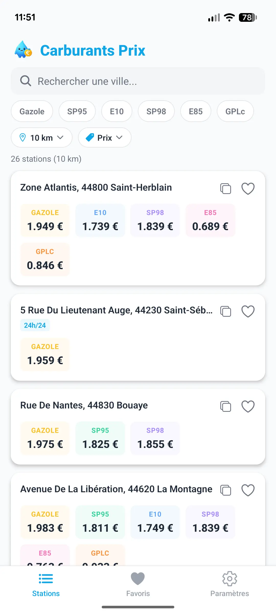 Liste des stations-service avec prix carburants