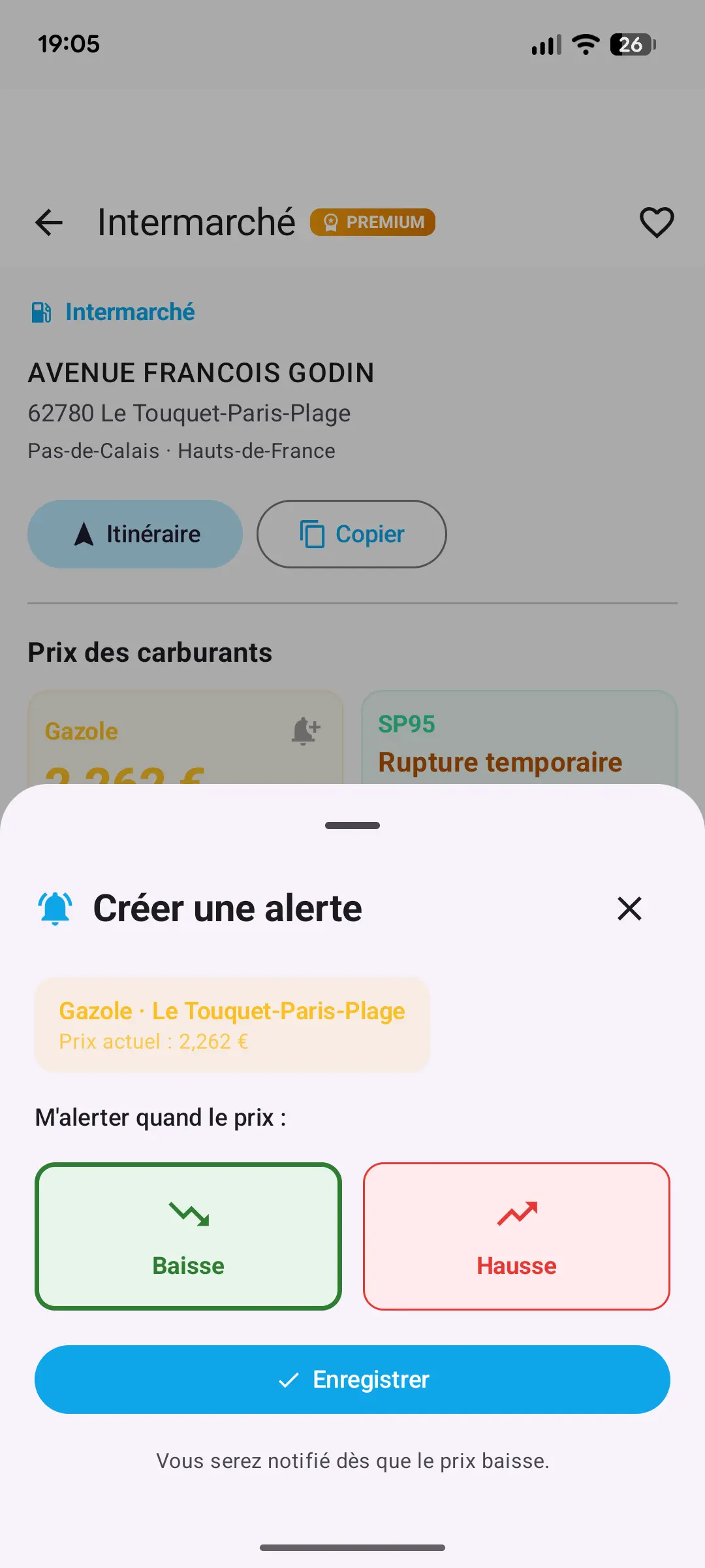 Configuration d'une alerte de prix sur une station-service favorite