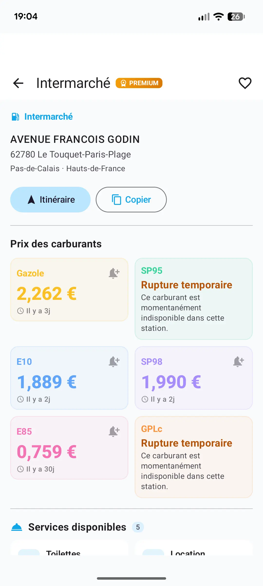Fiche détail d'une station-service : prix par carburant, adresse et horaires
