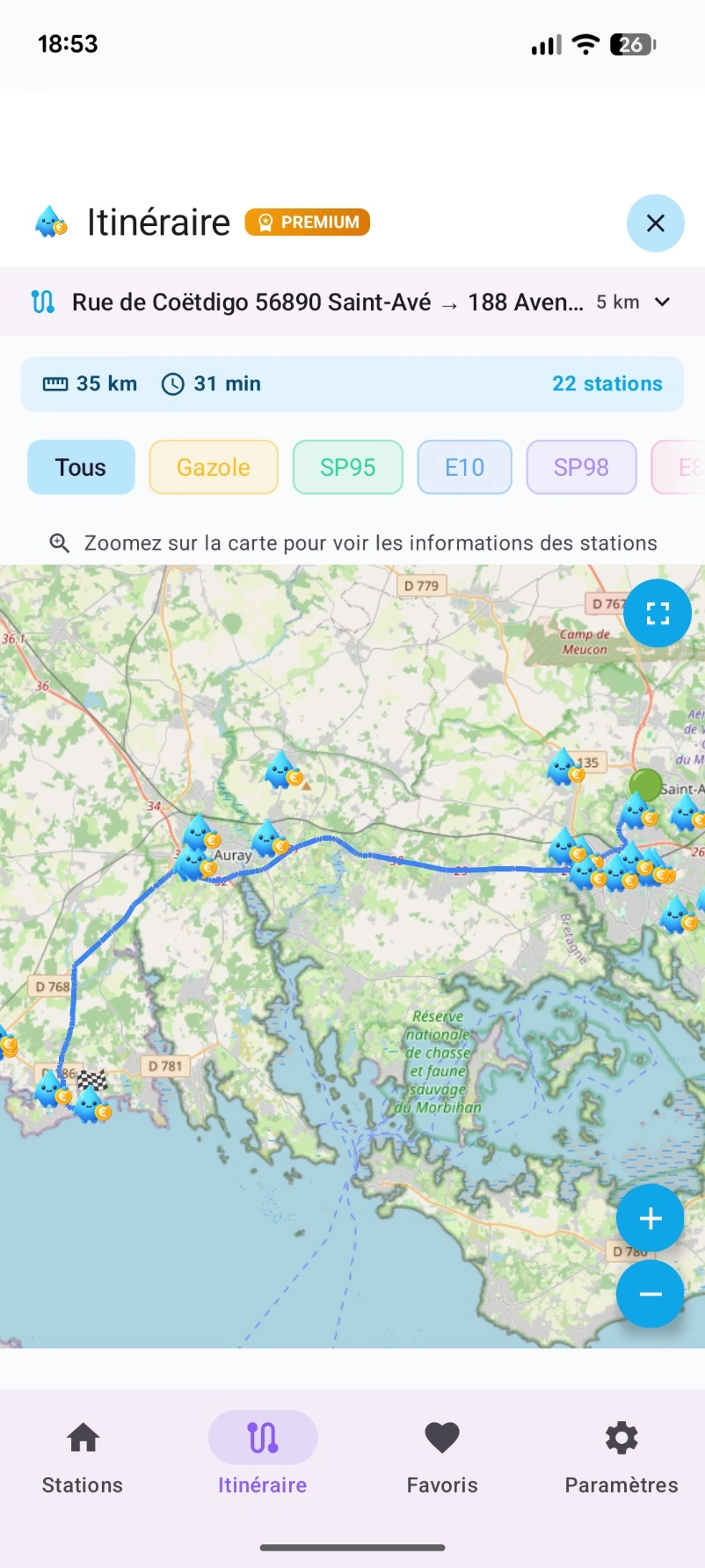 Vue carte de l'onglet Itinéraire avec les stations affichées le long du trajet