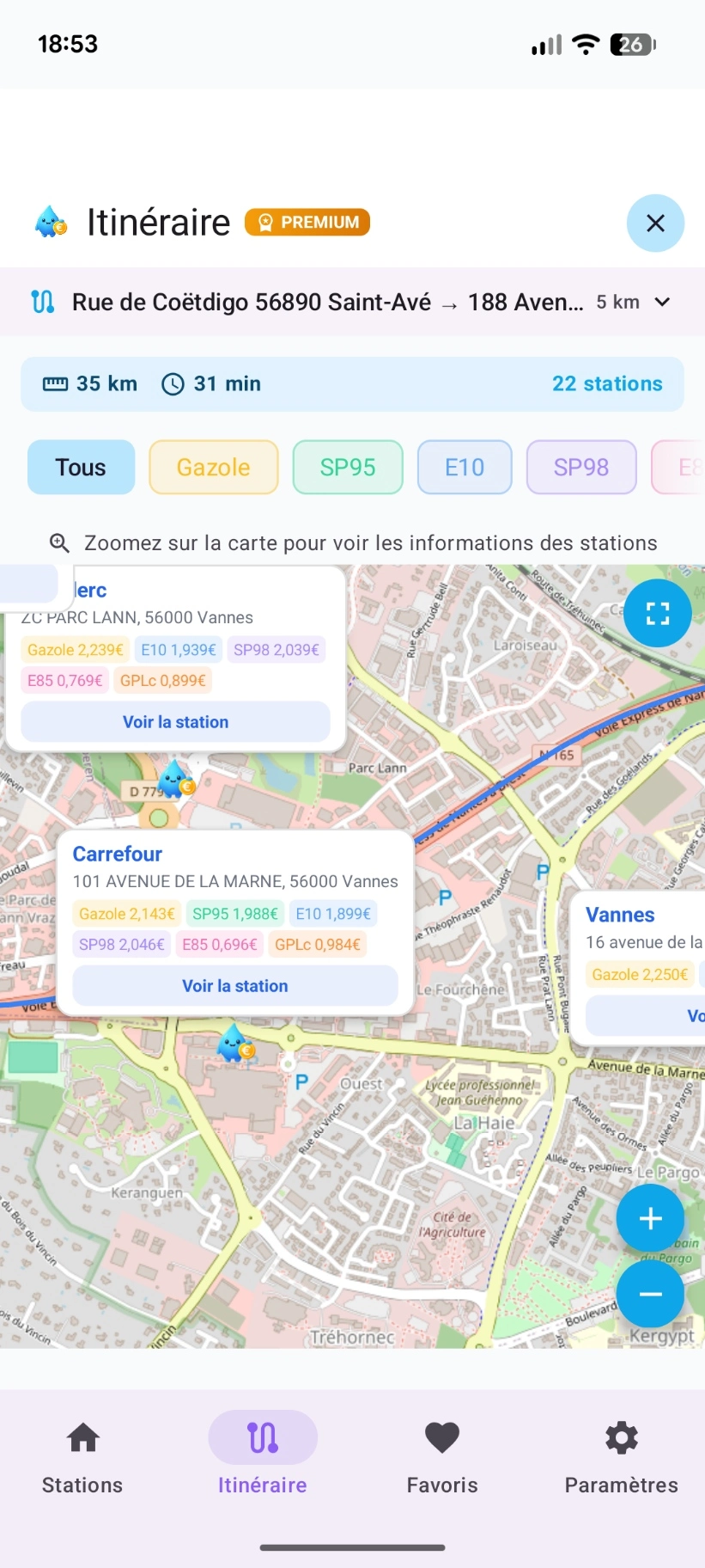 Zoom sur les stations-service le long du trajet avec les prix en temps réel