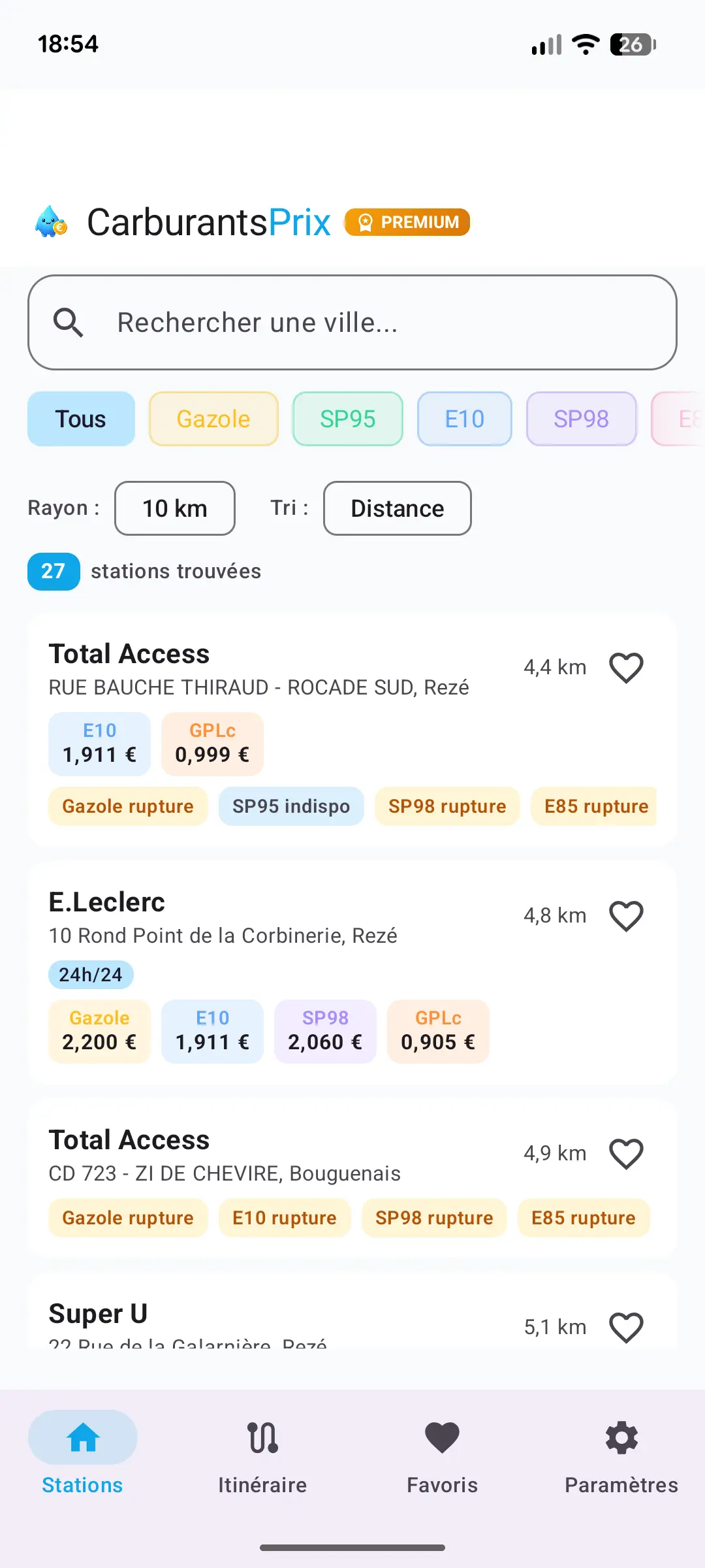 Recherche de stations-service avec comparaison des prix en temps réel